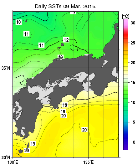 近畿・中国・四国周辺海域の海面水温分布図（3月9日）