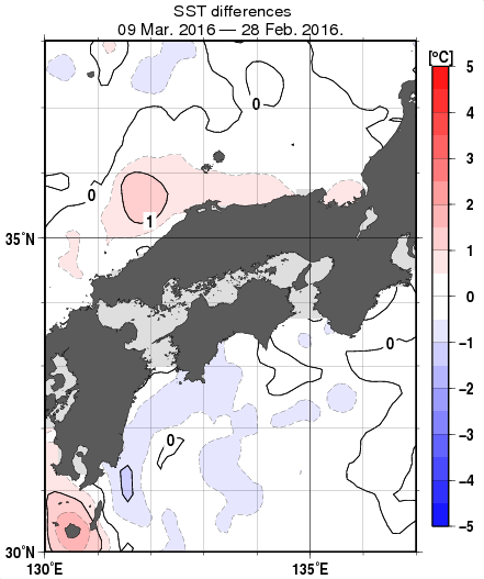 近畿・中国・四国周辺海域の10日間の海面水温変化量分布図（3月9日）
