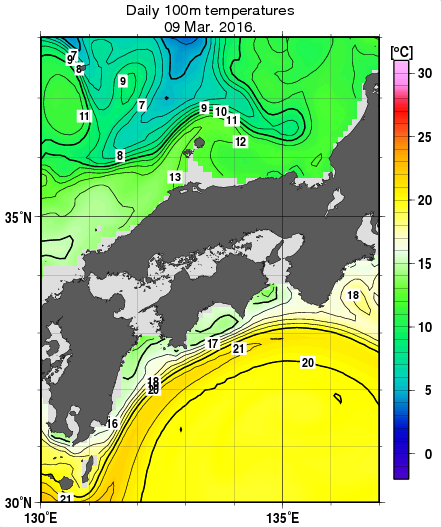近畿・中国・四国周辺海域の深さ100mの水温分布図（3月9日）