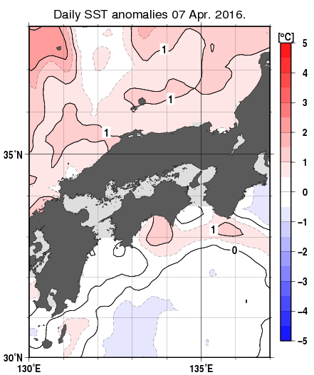 近畿・中国・四国周辺海域の海面水温平年差分布図（4月7日）
