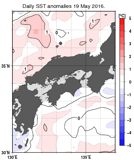 近畿・中国・四国周辺海域の海面水温平年差分布図（5月19日）