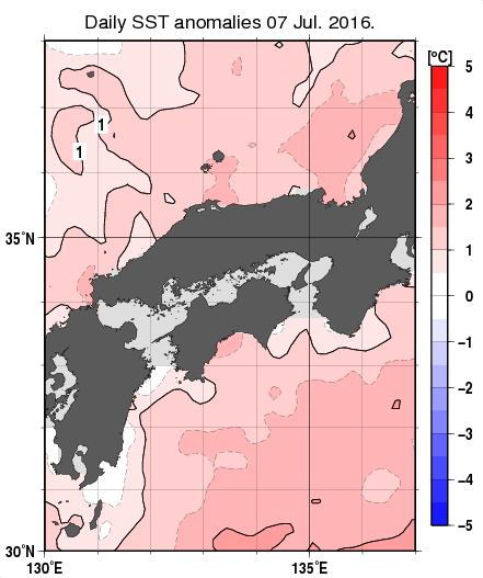 近畿・中国・四国周辺海域の海面水温平年差分布図（7月7日）