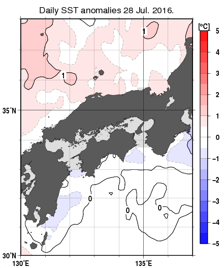 近畿・中国・四国周辺海域の海面水温平年差分布図（7月28日）