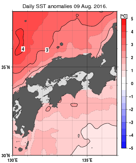 近畿・中国・四国周辺海域の海面水温平年差分布図（8月9日）