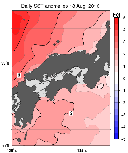 近畿・中国・四国周辺海域の海面水温平年差分布図（8月18日）