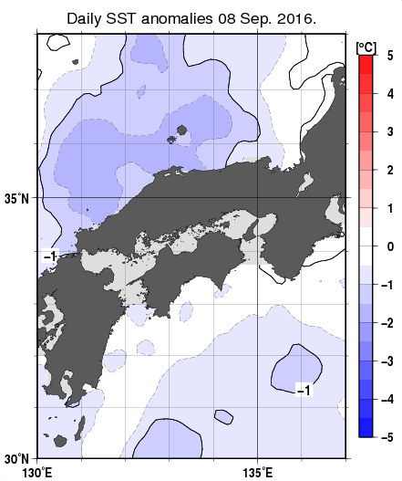 近畿・中国・四国周辺海域の海面水温平年差分布図（9月8日）