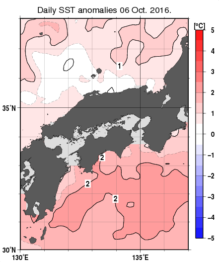 近畿・中国・四国周辺海域の海面水温平年差分布図（10月6日）