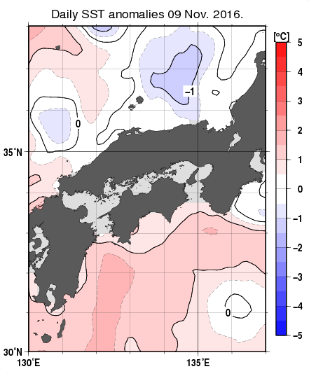 近畿・中国・四国周辺海域の海面水温平年差分布図（11月9日）