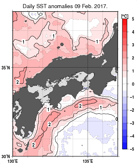近畿・中国・四国周辺海域の海面水温平年差分布図（2月9日）