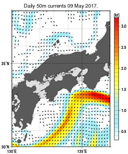 近畿・中国・四国周辺海域の深さ50mの海流分布図（5月9日）
