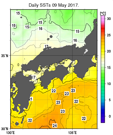 近畿・中国・四国周辺海域の海面水温分布図（5月9日）