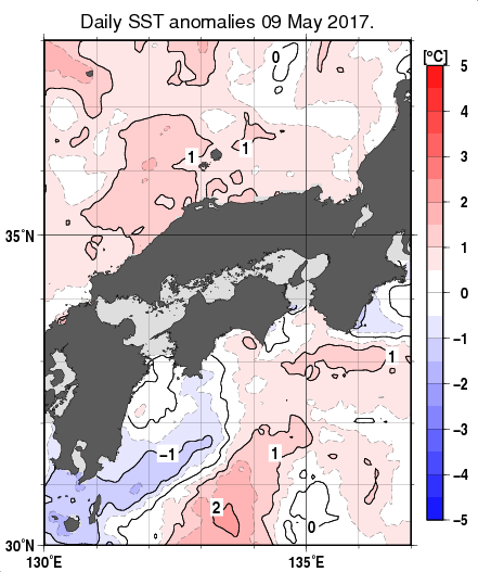 近畿・中国・四国周辺海域の海面水温平年差分布図（5月9日）