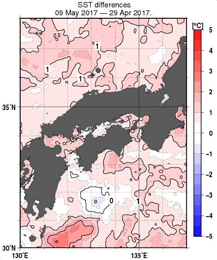 近畿・中国・四国周辺海域の10日間の海面水温変化量分布図（5月9日）