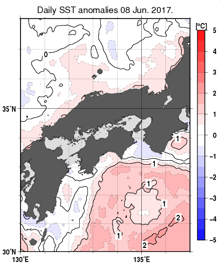 近畿・中国・四国周辺海域の海面水温平年差分布図（6月8日）