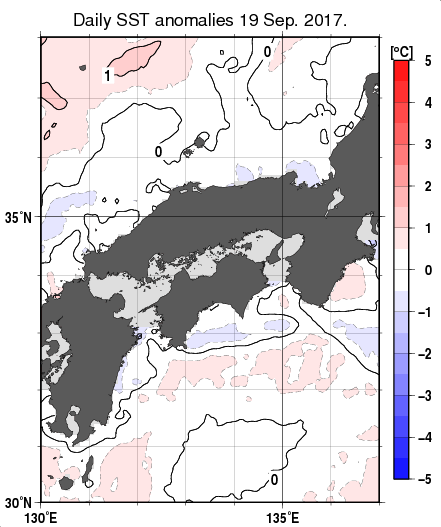 近畿・中国・四国周辺海域の海面水温平年差分布図（9月19日）