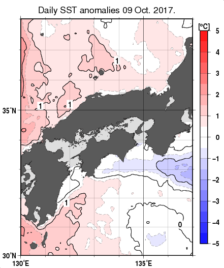 近畿・中国・四国周辺海域の海面水温平年差分布図（10月9日）