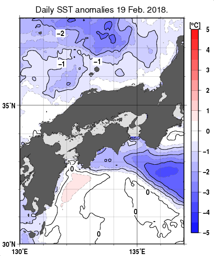 近畿・中国・四国周辺海域の海面水温平年差分布図（2月19日）