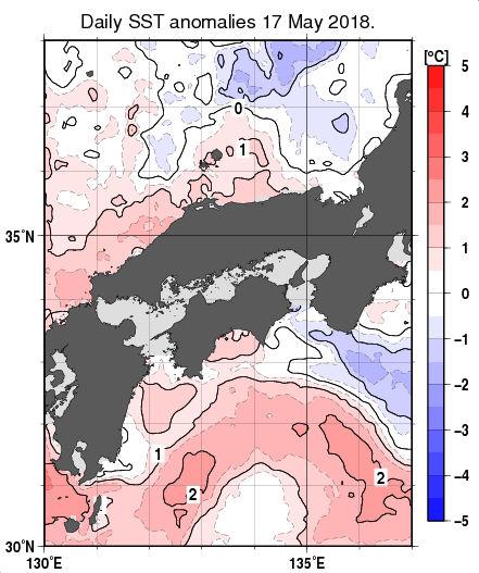 近畿・中国・四国周辺海域の海面水温平年差分布図（5月17日）