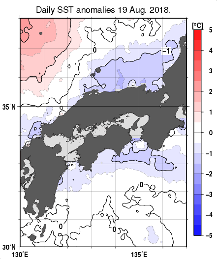 近畿・中国・四国周辺海域の海面水温平年差分布図（8月19日）
