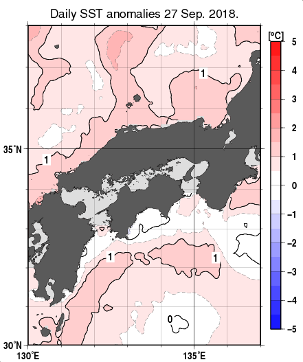 近畿・中国・四国周辺海域の海面水温平年差分布図（9月27日）