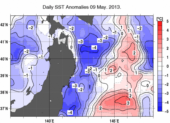 東北周辺海域の海面水温偏差分布図（5月9日）