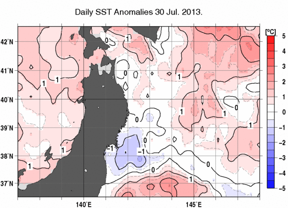 東北周辺海域の海面水温平年差分布図（7月30日）