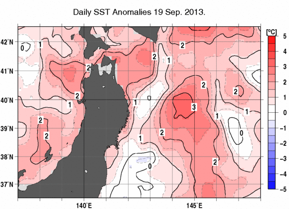 東北周辺海域の海面水温平年差分布図（9月19日）