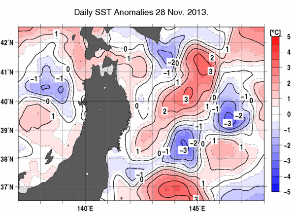 東北周辺海域の海面水温平年差分布図（11月28日）