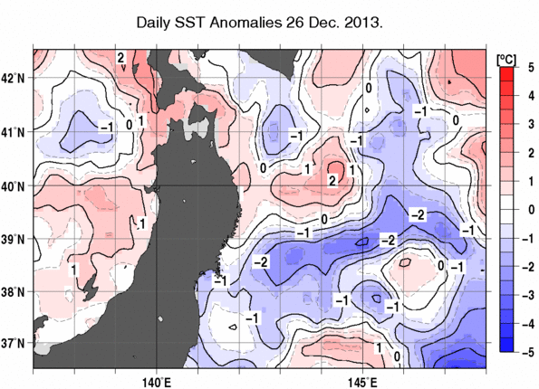 東北周辺海域の海面水温平年差分布図（12月26日）