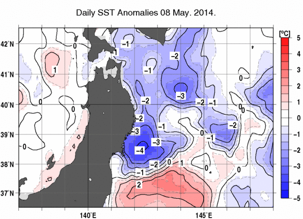 東北周辺海域の海面水温平年差分布図（5月8日）