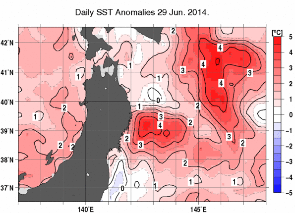 東北周辺海域の海面水温平年差分布図（6月29日）