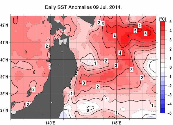 東北周辺海域の海面水温平年差分布図（7月9日）