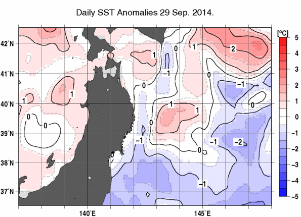 東北周辺海域の海面水温平年差分布図（9月29日）