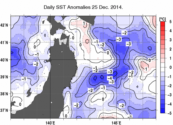 東北周辺海域の海面水温平年差分布図（12月25日）