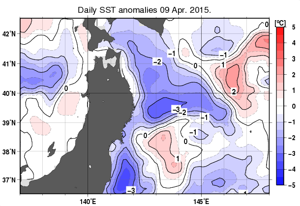 東北周辺海域の海面水温平年差分布図（4月9日）