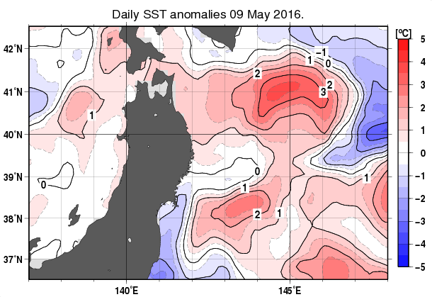東北周辺海域の海面水温平年差分布図（5月9日）