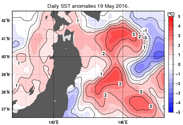 東北周辺海域の海面水温平年差分布図（5月19日）