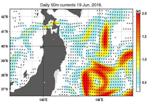 東北周辺海域の深さ50mの海流分布図（6月19日）