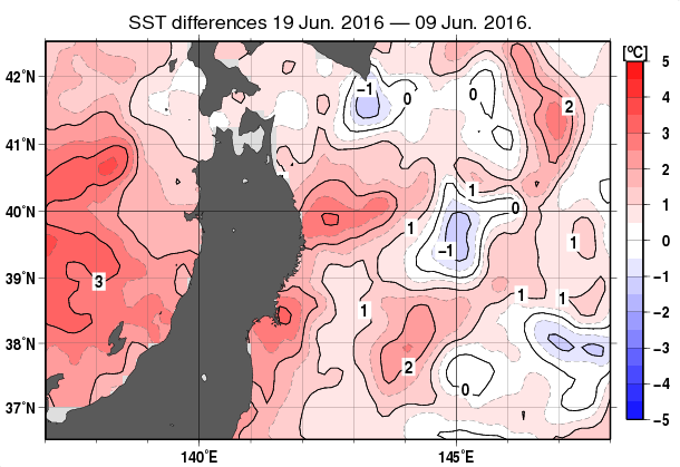 東北周辺海域の10日間の海面水温変化量分布図（6月19日）