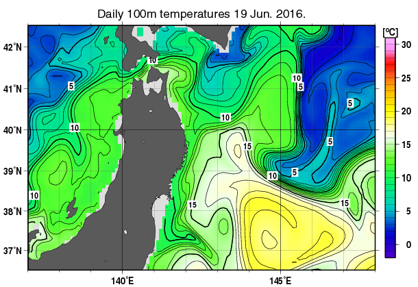 東北周辺海域の深さ100mの水温分布図（6月19日）