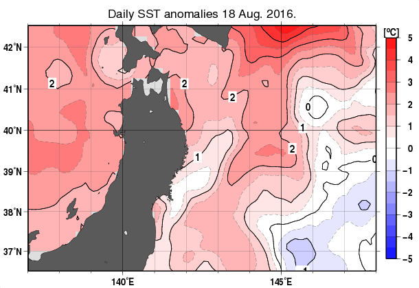 東北周辺海域の海面水温平年差分布図（8月18日）