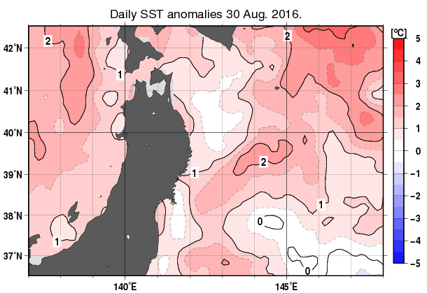 東北周辺海域の海面水温平年差分布図（8月30日）