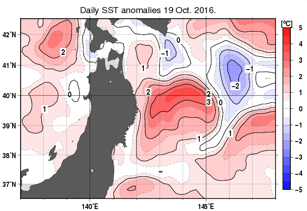 東北周辺海域の海面水温平年差分布図（10月19日）