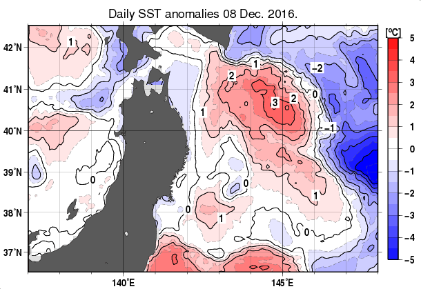 東北周辺海域の海面水温平年差分布図（12月8日）