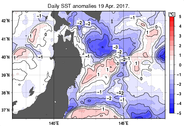 東北周辺海域の海面水温平年差分布図（4月19日）