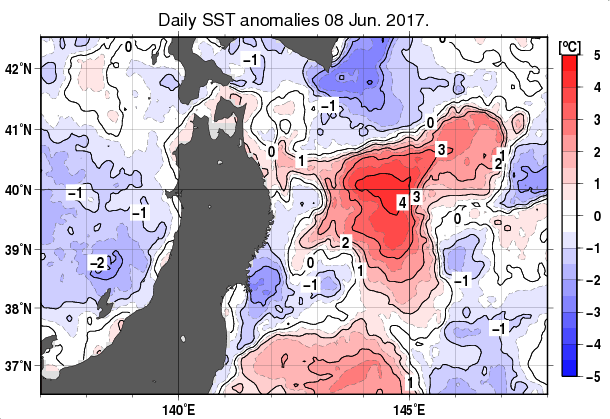 東北周辺海域の海面水温平年差分布図（6月8日）