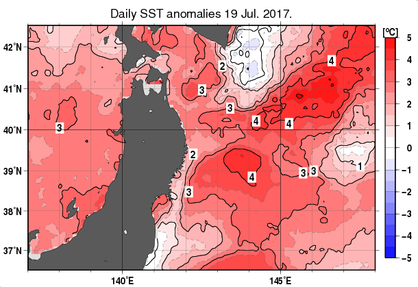 東北周辺海域の海面水温平年差分布図（7月19日）