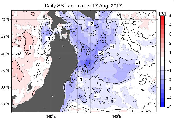 東北周辺海域の海面水温平年差分布図（8月17日）