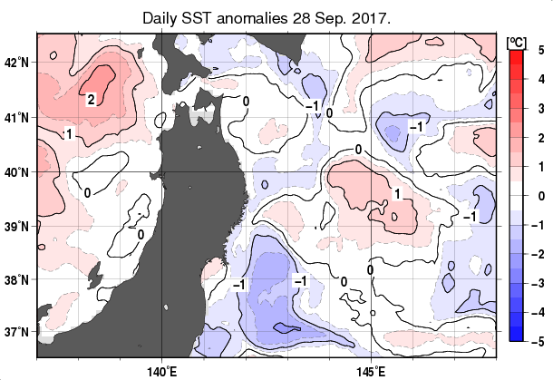 東北周辺海域の海面水温平年差分布図（9月28日）