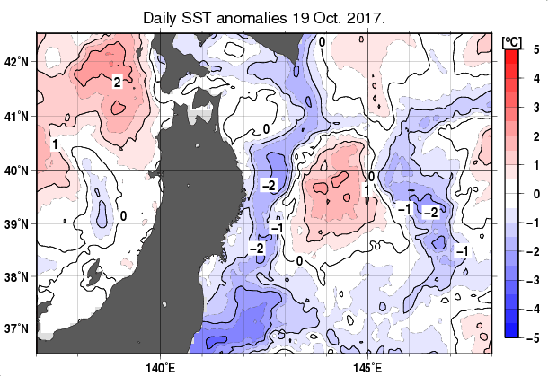 東北周辺海域の海面水温平年差分布図（10月19日）
